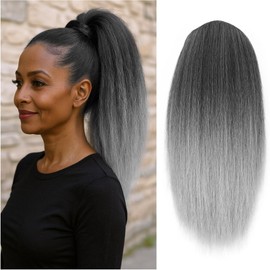 UAmy hair Grey Yaki Straight Drawstring Ponytail for Women 16inch Salt and Pepper Yaki Pony Tail Clip in Hairpiece Shoulder Length Synthetic Kinky Straight Ponytail hair Extension(T1B/Gray)
