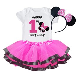 First Birthday Girl Outfit - Mouse Tutu Set (Pink and Black Tutu, 12M Short Sleeves)