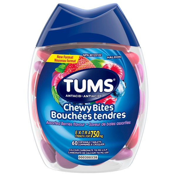 Tums Chewy Bites, Assorted berries flavour, Antacid for Heartburn Relief, 60 Count