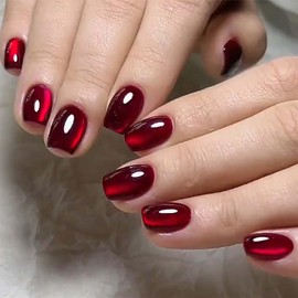 Red False Nails - 32PCS Short False Nails - Square Red Cat Eye False Nails with Glue - Glossy Full Cover Long Lasting Stick on Nails - Removable DIY Nail Art Gifts for Women Girls