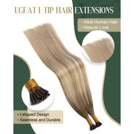 Ugeat Itip Hair Extensions Real Human Hair Balayage Light Brown with Platinum Blonde Ombre I Tip Hair Extensions Human Hair 18 Inch Cold Fusion Itips Human Hair Extensions 50s 40g