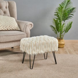 Home Soft Things Feathery Faux Fur Ottoman 19'' x 13'' x 17'' Ivory Soft Fluffy Sturdy Foot Rest Ottoman Stool for Bedroom Living Room Makeup Entryway Bench Home Décor