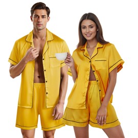 Women and Men Silk Pajamas Set Matching Family Satin Pajama Sets Couples Short Sleeve Button Down Sleepwear (#4-Women, Medium)