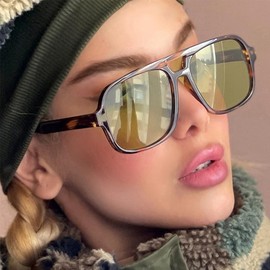 CHOWEI Trendy Square Aviator Sunglasses for Women Men Vintage 70s Double Bridge Sun Glasses (Green Leopard/Green)