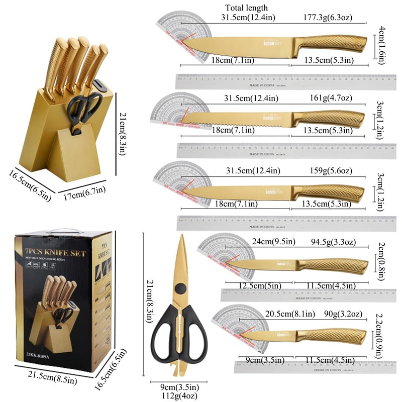 8-Piece Luxury Gold Kitchen Knife Set with Wooden Block Non-Rust