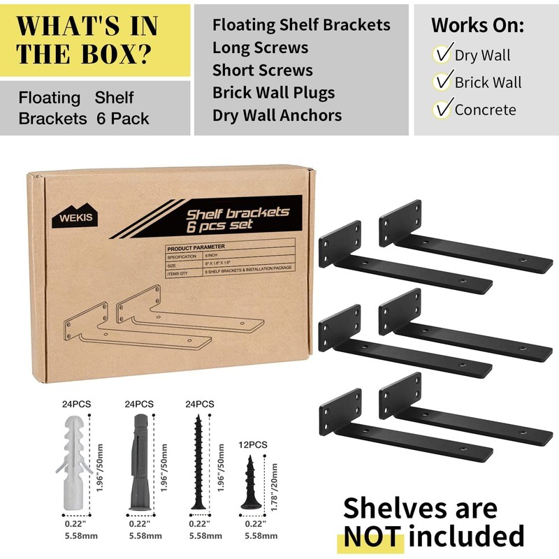 Shelf Brackets Floating Shlef Brackets 6-Inch 6-Packs, 1/5 Inch Thick
