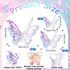 Yalikop 5 Pcs Large Size Iridescent Butterfly Party Decorations Laser 3D Butterfly Wall Decor 3 Sizes Hanging Butterflies Decor for Girls Women Birthday Wedding Baby Shower Decorations with Rope