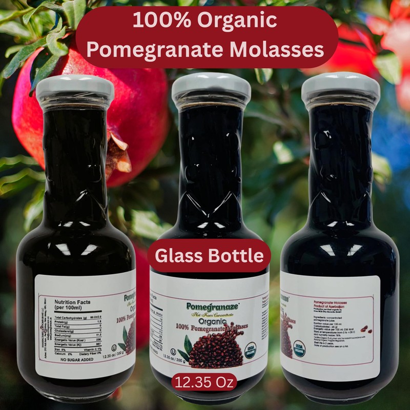 100% Organic Pomegranate Molasses 12.35 Oz Glass Bottle,(3 Pack) No