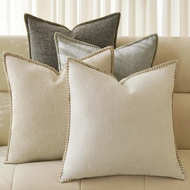 Natural Linen Look Throw Pillow Covers 18x18 inch Set of 4, Cream Textured Decorative Pillow Covers with Blanket Stitched Edge, Neutral Farmhouse Cushion Covers for Couch Sofa Living Room