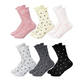 Fourluoo 6 Pairs Women Ruffle Socks Cute Polka Dot Lace Socks Loose Breathable Cotton Comfortable Middle Tube
