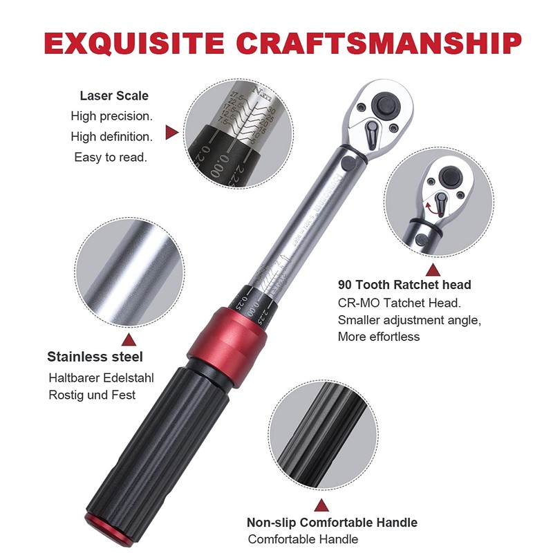 FOURROBBER Torque Wrench 1/4-inch Drive Click Dual-Direction Adjustable 90-Tooth Torque