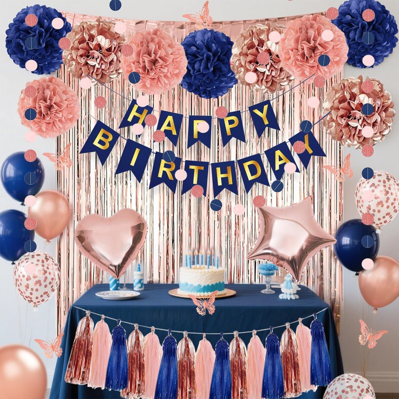 Navy Blue Rose Gold Balloons Birthday Decorations,Happy Birthday Banner,3D Butterfly