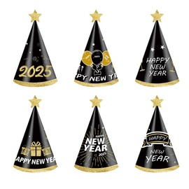 Happy New Year Party Hats, 6 Pack Black Gold New Year 2025 Paper Cone Hat for New Year Eve Celebration Party Supplies