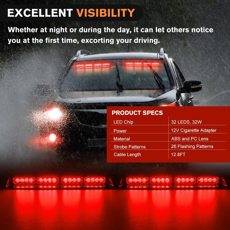 Nilight 32LED Red Emergency Dash Strobe Lights with Controller Suction