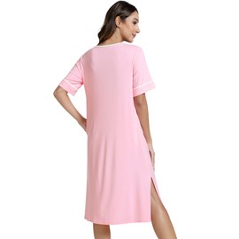 NACHILA Women's Nightgowns-Viscose Made from Bamboo,Short Sleeve Nightshirts V Neck Sleepwear Cool Sleepshirts with Pocket Pink X-Large
