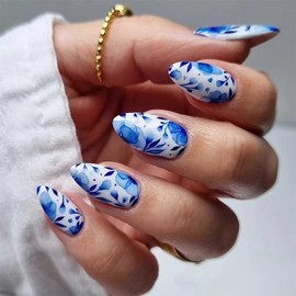 Vezocim Press on Nails Almond Medium Length, 24Pcs White Artificial Fake Nails with Blue Flower Designs, Glossy Full Cover Acrylic False Nails with Glue for Women