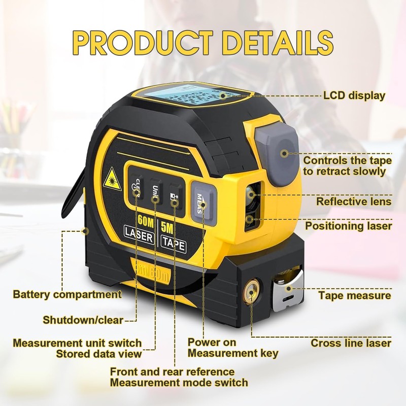 Chamgeco Almighty Ruler Laser Rangefinder, 3-in-1 Infrared Laser Tape Measure,