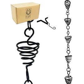 U-nitt Rain Chains, Roof Gutter Downspout Channel, Rainwater Catcher/Diverter, 8.5 FT, Metal, Black Powder Coated, Coiled Bird Nest, Modern, 6005BLK