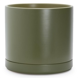 D'vine Dev 14 Inch Ceramic Planter Pot with Drainage Hole and Saucer, Indoor Cylinder Round Planter Pot, Olive, 94-O-G-J