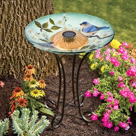 Hi Line Gift Ltd. Solar LED Floral Glass Bird Bath with Stand - Blue Bird & Peach Blossom, Multicolor (78415-J)