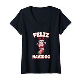 Womens Feliz Navidog Christmas Dog Sock Havanese V-Neck T-Shirt