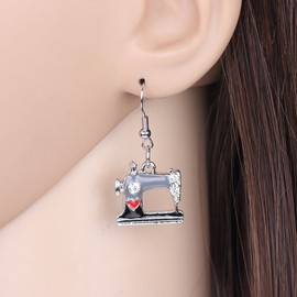 WEVENI Enamel Alloy Crystal Sewing Machine Earrings Dangle Drop Unique Jewelry Dainty Gift For Women Ladies (Black)