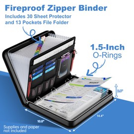 DocSafe File Organizer Zipper Binder with 30 Sheet Protector,Fireproof Accordion 12-Tab Expanding File Folder with Multiple Pockets,Home School Office Safe Storage for Documents,1.5-Inch O-Ring,Black