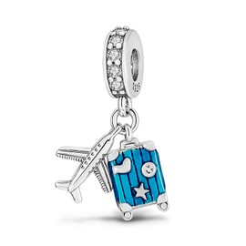 MariaFonte Charm 2025 Compatible All Brands Aeroplane Pendant Trolley Suitcase Blue Aeroplane Travel Birthday Anniversary Pendant Original Offers Silver Mum Bead Lucky Heart Christmas, Silver, Cubic