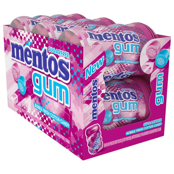 Mentos Sugar-Free Chewing Gum with Xylitol, Bubble Fresh Cotton Candy, Holiday Gift Stocking Stuffer, 45 Piece Bottle (Bulk Pack of 6)