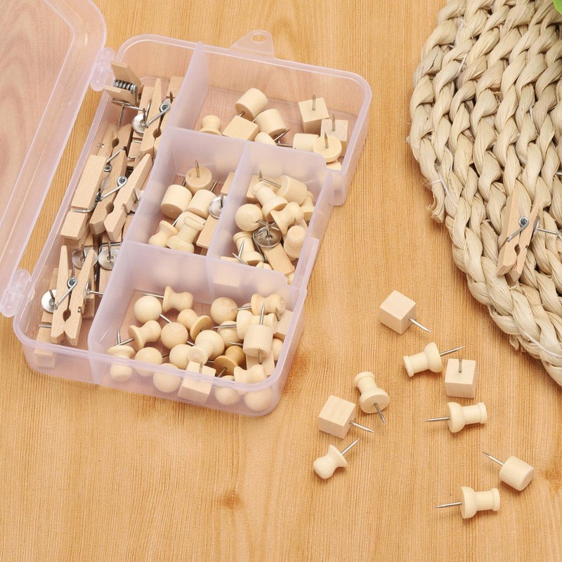 102 Pcs Wood Push Pins 6 Sizes Thumb Tacks for