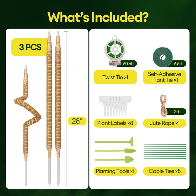 Maygrove 3-Pack 28” Bendable Moss Pole Monstera Plant Support for
