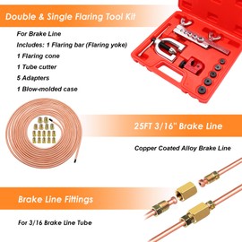 Eoppen 25 ft 3/16inch Copper Coated Brake Line Kit(Includes 24 Fittings and 4 Unions) with Tube Bender and Double & Single Flaring Tool Kit