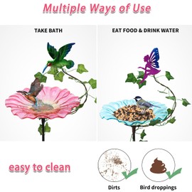 MUMTOP Bird Baths for Outdoors, 2 Pack Glass Bird Bath Stake, Hummingbird and Fairy Birdbaths & Support with Leafs, Bee Baths for Garden, Outside, Lawn, Outdoor Decor (Blue,Pink)