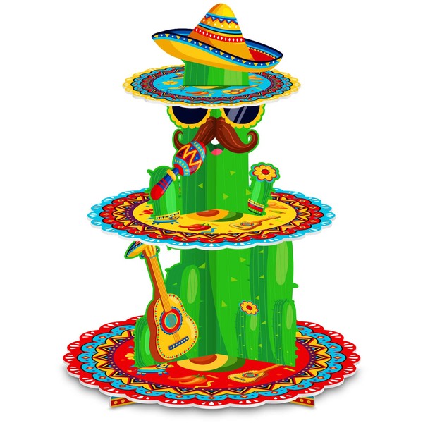 Decoración de fiesta mexicana de 3 niveles para fiesta de cumpleaños mexicana, soporte para magdalenas, fiesta de cactus, decoración para fiesta de taco, cupcakes, decoración de exhibición para suministros de baby shower de Cinco de Mayo