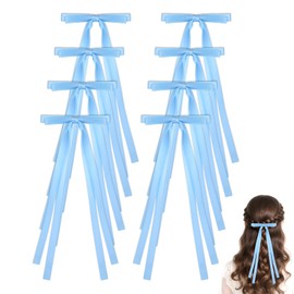 8 Pcs Light Blue Hair Bow Ribbon with Long Tail Tassel Clips, Blue Hair Bows Clips for Women Girls Coquette Long Bowknot Satin Accessories Barrettes for Girl Ponytail Holder Decor