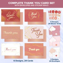 Decorably 24 Pack Gold-Foiled 6x4in Rose Gold Thank You Cards with Envelopes Rose Gold and Stickers, 6 Classy Designs Pink Thank You Cards with Envelopes, Blank Inside - Wedding, Baby Shower, Birthday