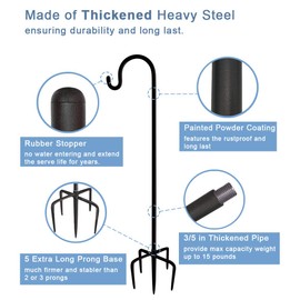 Artigarden 92 Inch Outdoor Shepherd Hooks with 5 Pronger Base (2 Packs), Adjustable Heavy Duty Garden Hanging Stand Holder for Bird Feeders Lanterns Planter Hanger, Matte Black