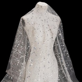 MAYJOYDIY 90 x 130 cm Beige Glitter Sequins Mesh Fabric Tulle Lace Fabric Square Embroidered Tulle Fabric Checked Mesh Gold Plated Lace Fabric for Wedding Receptions Party Costume Decor