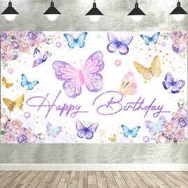 Butterfly Birthday Backdrop Banner Decorations Purple Spring Butterfly Background Photo Booth Props for Butterfly Theme Girls Baby Shower 1st 2nd 3rd 4th Bday Party Supplies Favors
