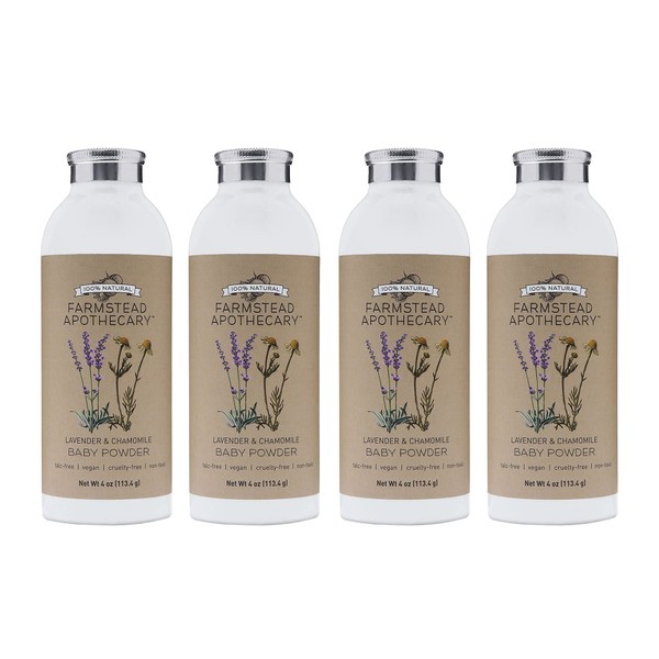 Farmstead Apothecary 100% Natural Baby Powder, Lavender Chamomile 4 oz (Pack of 4)