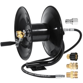 YAMATIC Pressure Washer Hose Reel 150 ft with Jumper Hose 3ft, Heavy Duty Steel Manual Crank Power Washer Hose Reel with Iron 90 Degree Elbow Adapter, 4000 PSI