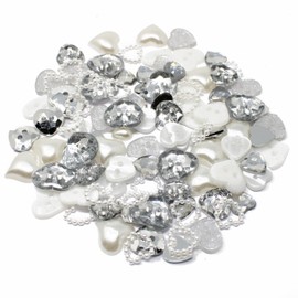 100 x Deko-Herzen, Mix glitzernd Silberfarben/Weiß, Harz, flache Rückseite, Bastelarbeiten, Kartenverzierungen