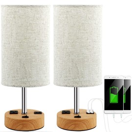 USB Table Lamp Set of 2, Nightstand Lamp with Dual USB Charging Port and Prong AC Outlet, Modern Desk Lamp with Linen Shade for Bedroom, Living Room, Study