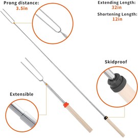 8 Pcs Roasting Sticks, Stainless Steel Roasting Sticks with Wooden Handle, 32 Inch(81cm) Extendable BBQ Forks Telescoping Smores Sticks for Fire Pit, Campfire
