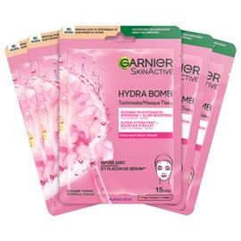 Garnier Cloth Mask, Face Mask for Pale Skin, Glow-Boosting and Moisturising, with Hyaluronic Acid and Sakura, Hydra Bomb, 5 x 28 g