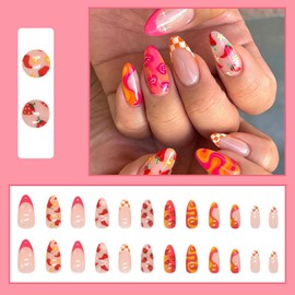 Pack of 24 Almond Nails for Sticking Short, French Artificial Fingernails Cute Vegetable Fruit Designs Acrylic False Nails, Oval Full Cover Natural Press on Nails for Women Girls Nail Art Decoration