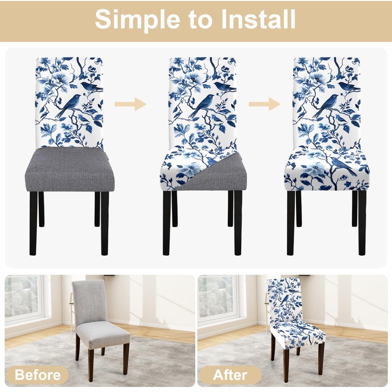 ANNA QUEEN Blue Floral Chair Covers for Dining Room Kitchen