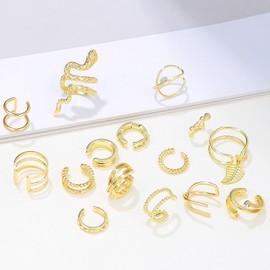 Pack of 15 Gold Clip On Earrings with 1 Storage Bag, Ear Clips, Women's Ear Cuffs, Earrings, Cartilage Ear Cuffs, Pierced Ears, Wrap Earrings. (Gold), Metal