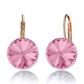 Austrian Crystal Round Drop Earrings for Women 14K Gold Plated Hypoallergenic Leverback Hoop Earrings (Pink)