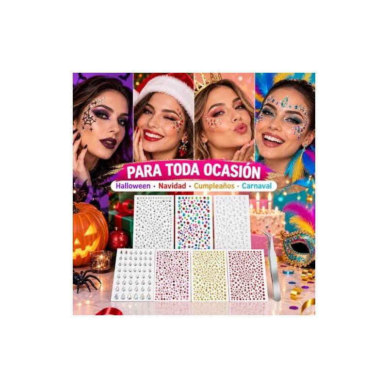3240 Piezas Autoadhesivas Brillos para Decorar, 7 Hojas Gemas Faciales